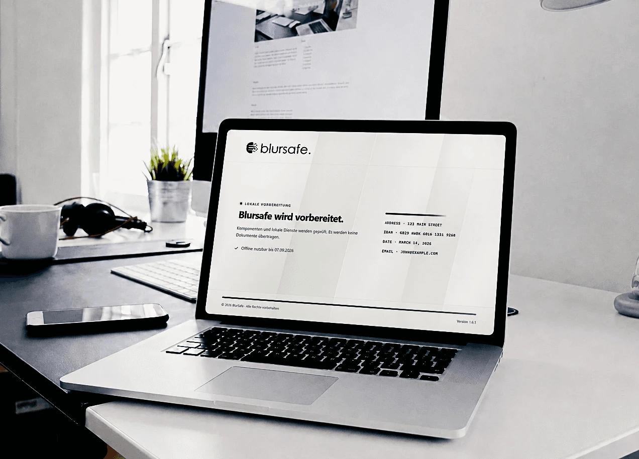 Blursafe schwärzt personenbezogene Daten in einem PDF auf dem Laptop